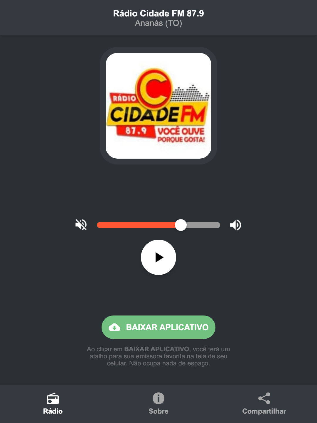 Screenshot do aplicativo da Rádio Cidade FM 87.9