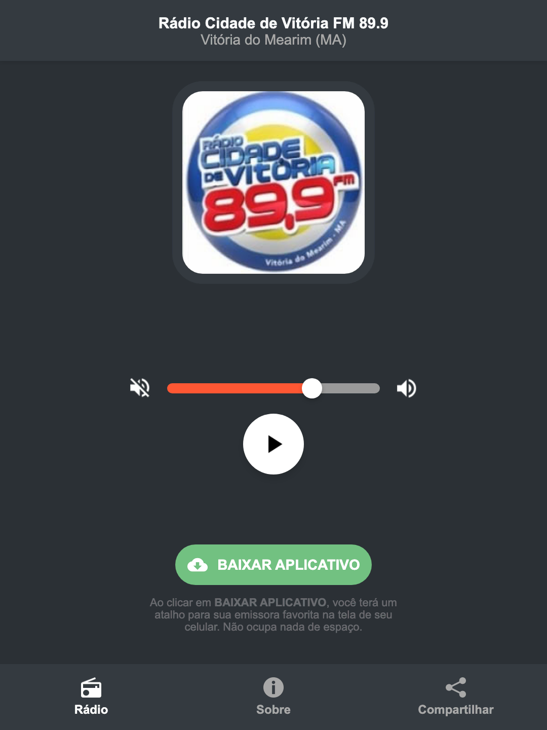 Screenshot do aplicativo da Rádio Cidade de Vitória FM 89.9