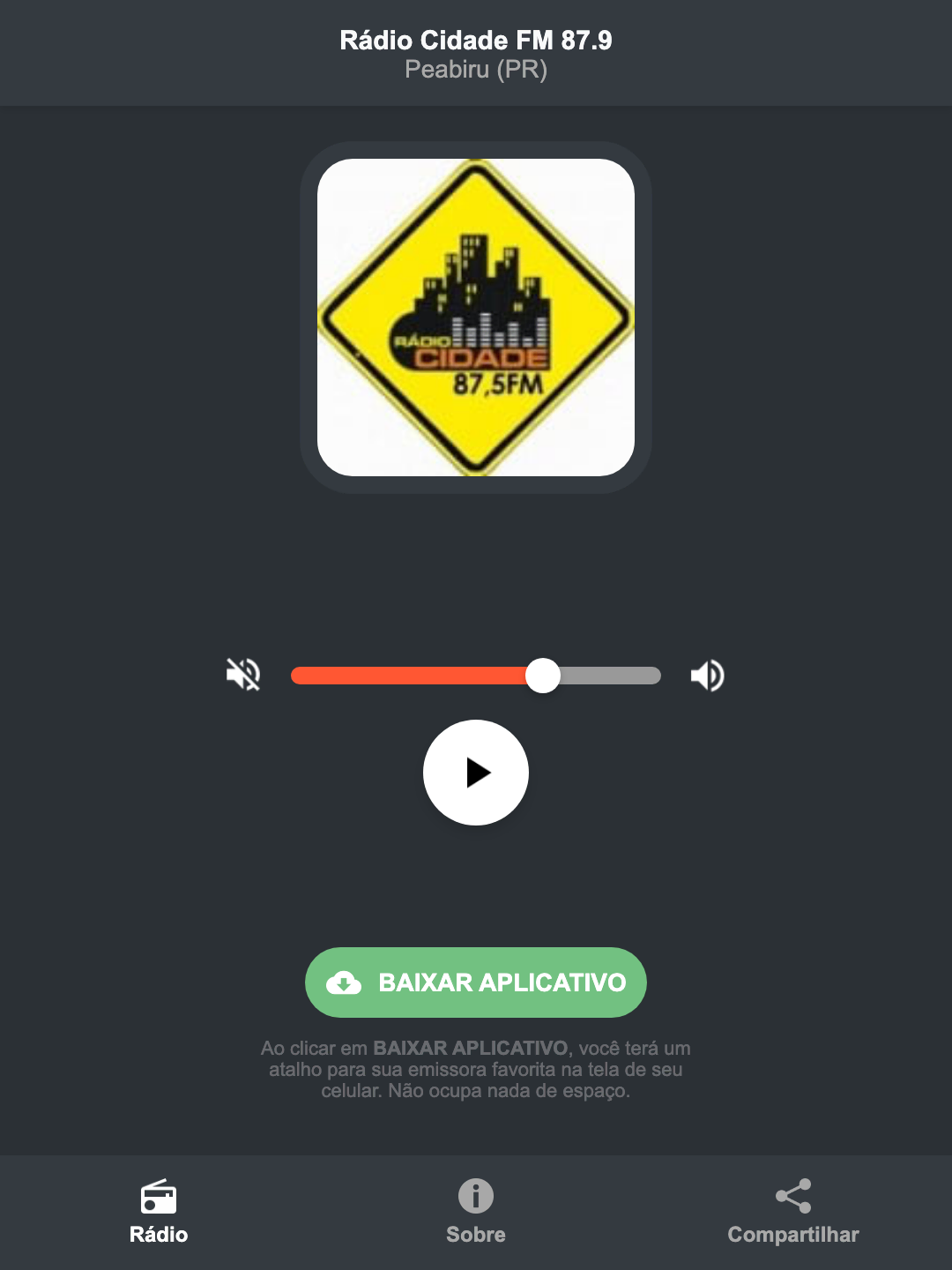 Screenshot do aplicativo da Rádio Cidade FM 87.9