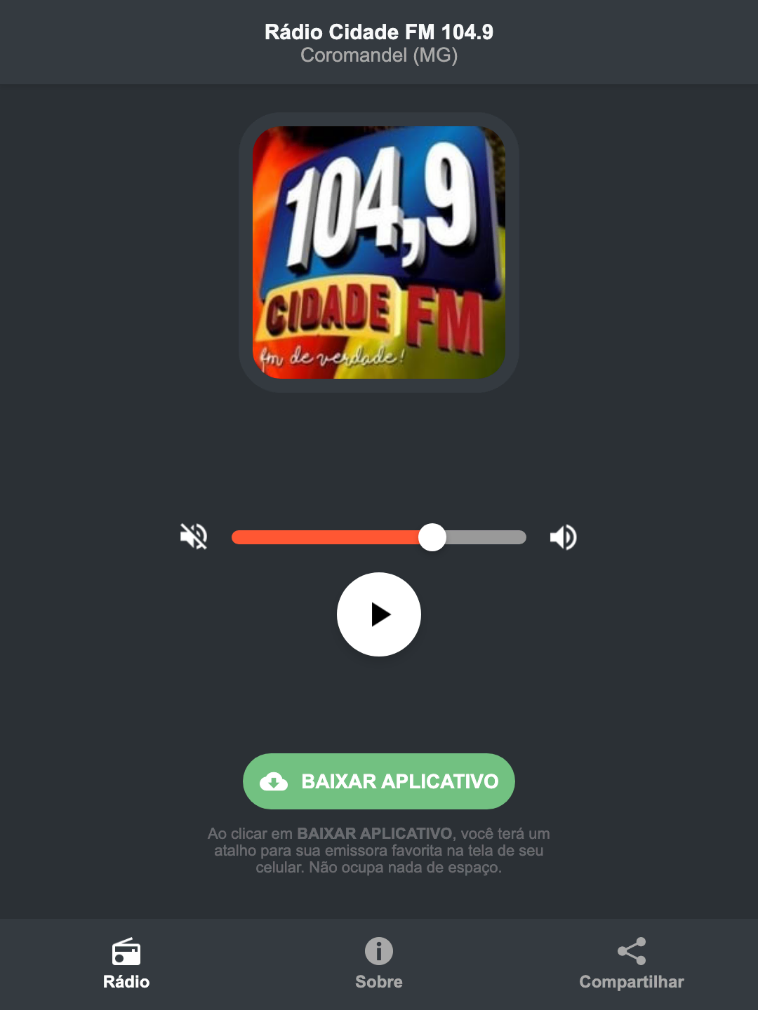 Screenshot do aplicativo da Rádio Cidade FM 104.9