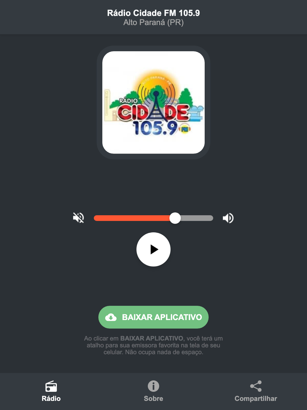Screenshot do aplicativo da Rádio Cidade FM 105.9