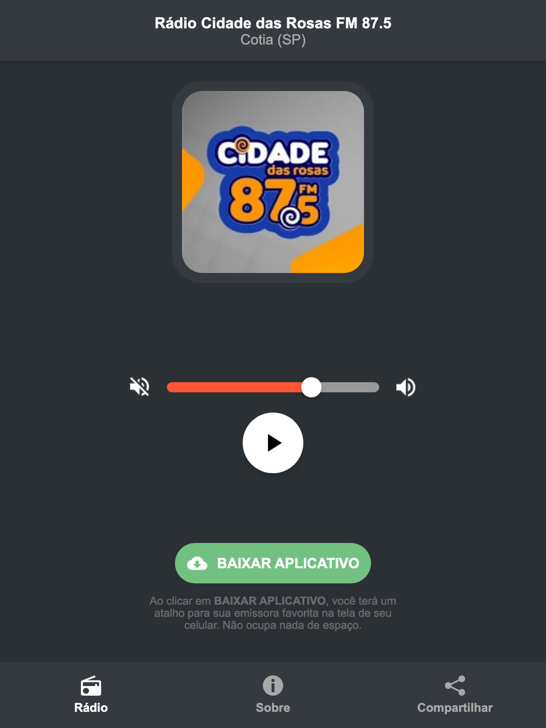 Screenshot do aplicativo da Rádio Cidade das Rosas FM 87.5