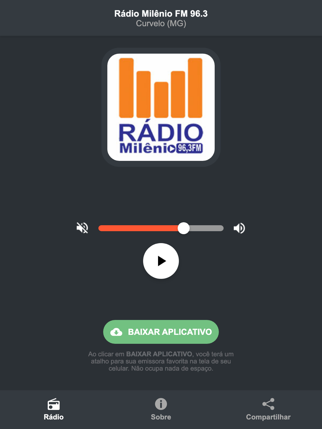 Screenshot do aplicativo da Rádio Milênio FM 96.3
