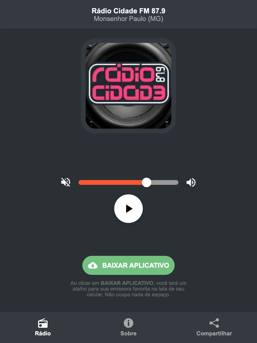 Screenshot do aplicativo da Rádio Cidade FM 87.9