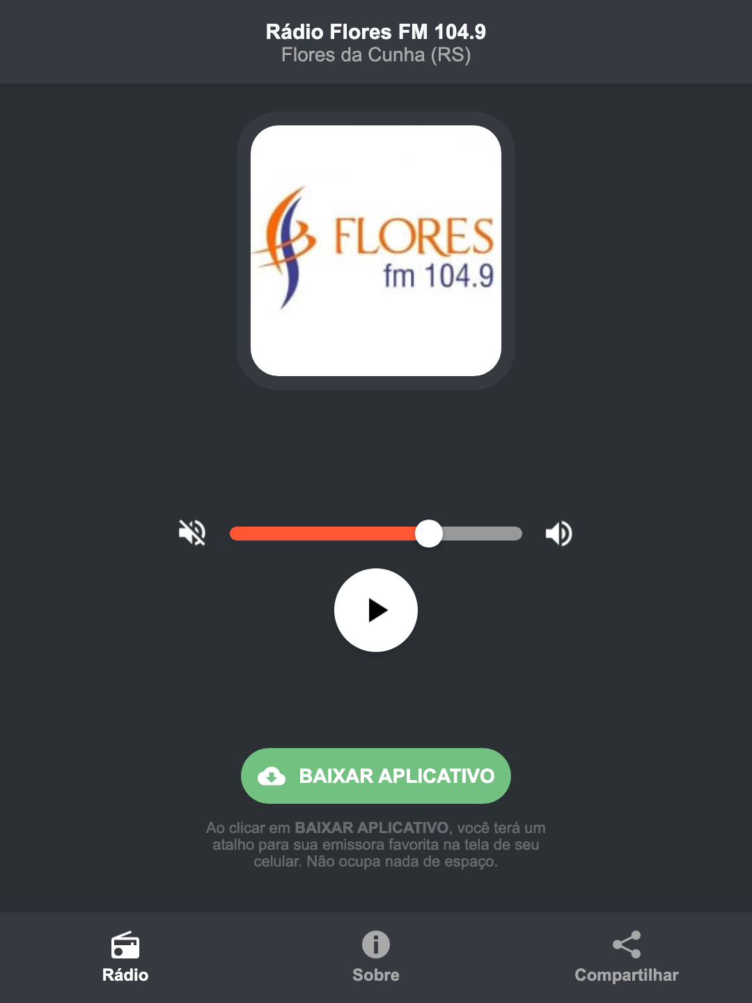 Screenshot do aplicativo da Rádio Flores FM 104.9