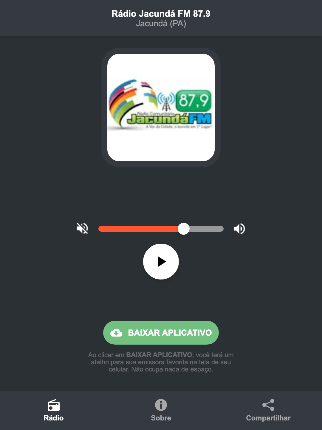 Screenshot do aplicativo da Rádio Jacundá FM 87.9