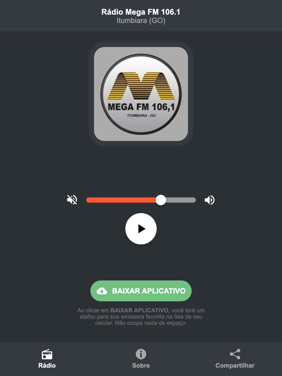 Screenshot do aplicativo da Rádio Mega FM 106.1