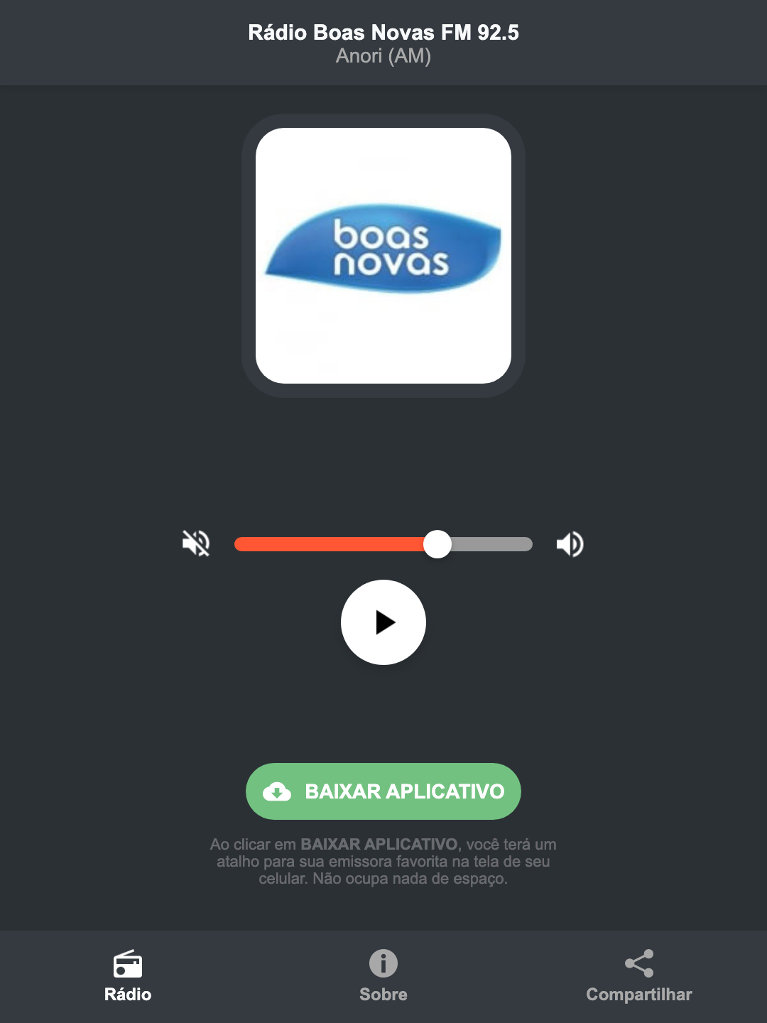 Screenshot do aplicativo da Rádio Boas Novas FM 92.5