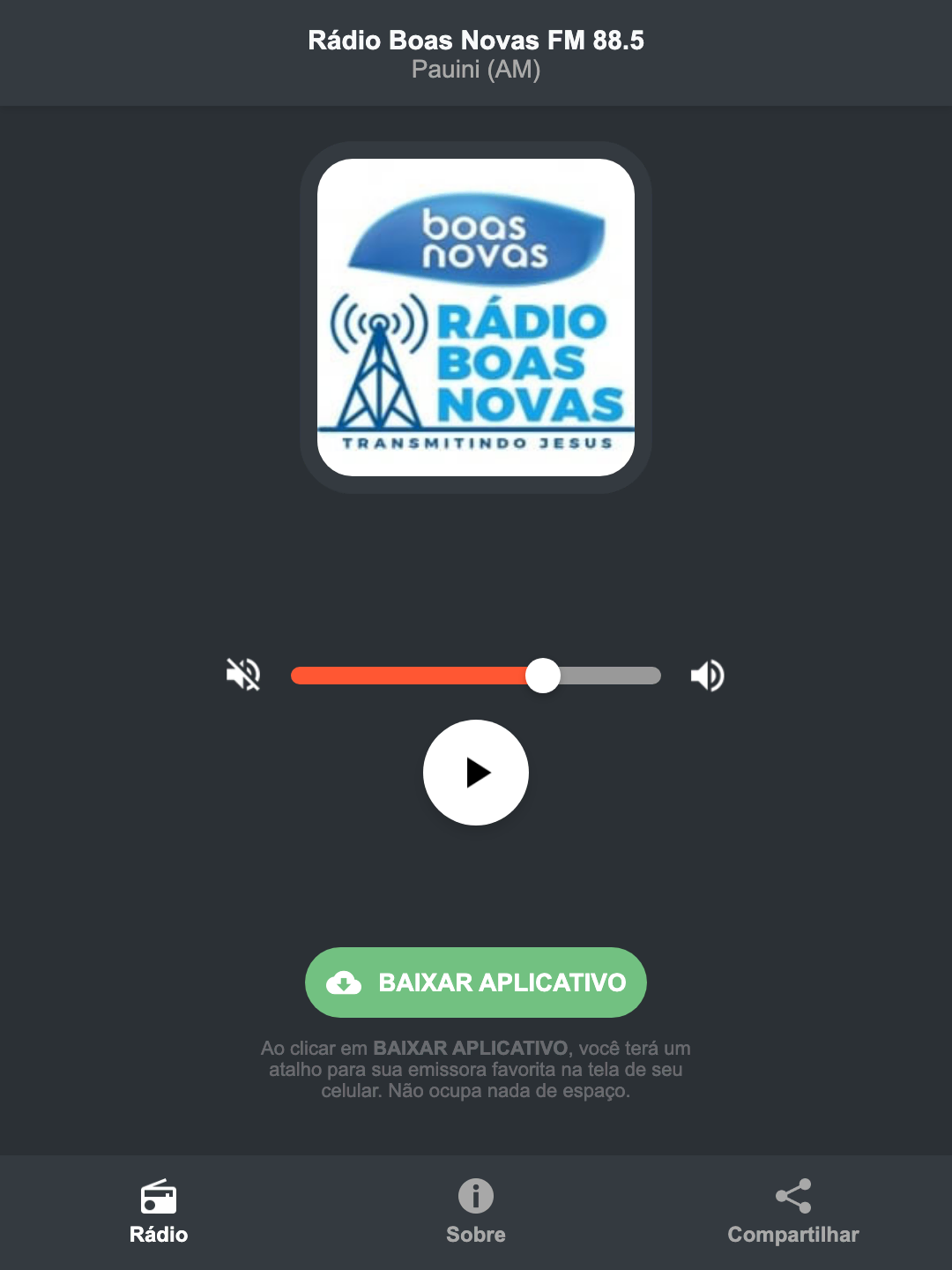 Screenshot do aplicativo da Rádio Boas Novas FM 88.5