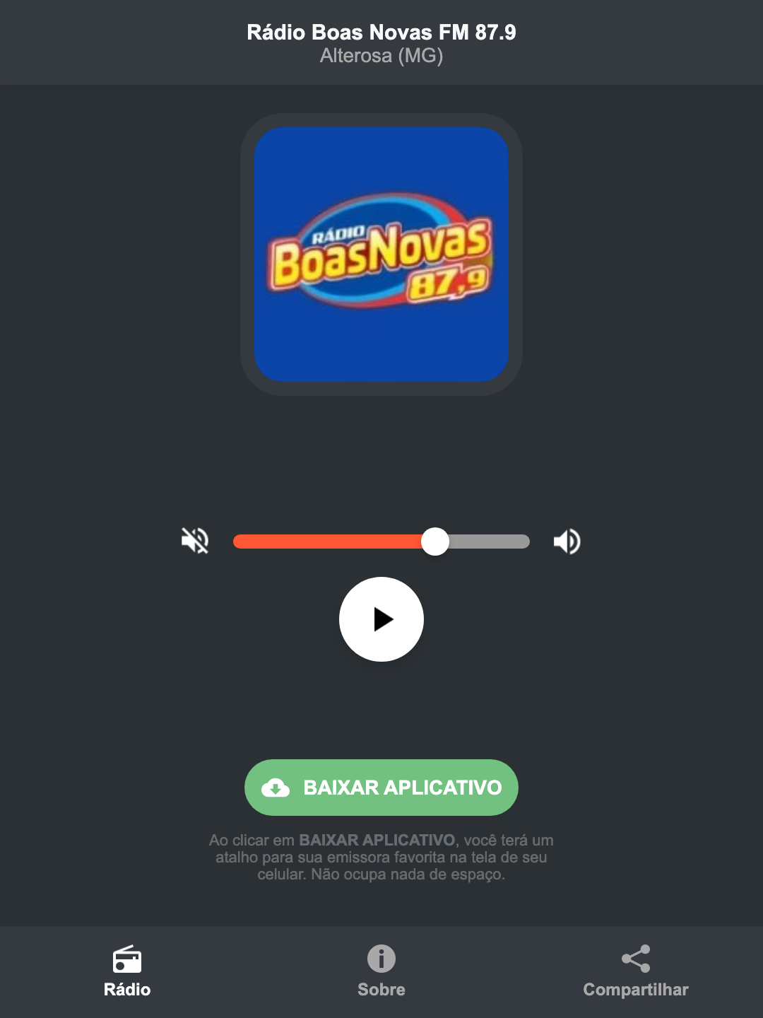 Screenshot do aplicativo da Rádio Boas Novas FM 87.9
