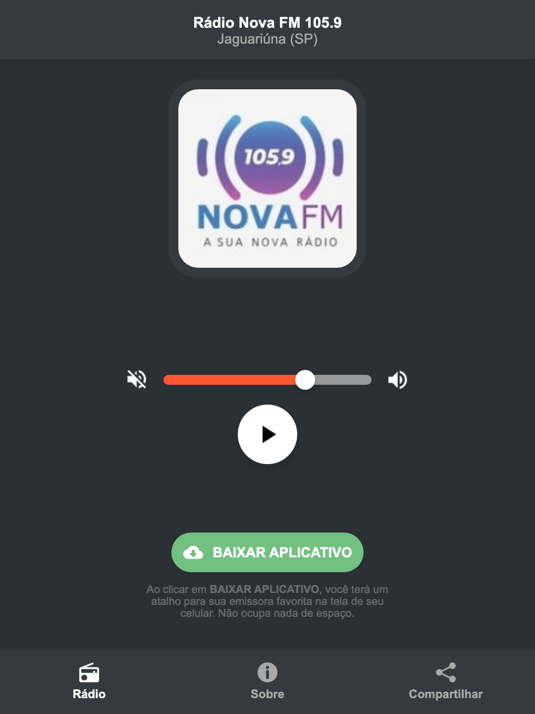 Screenshot do aplicativo da Rádio Nova FM 105.9