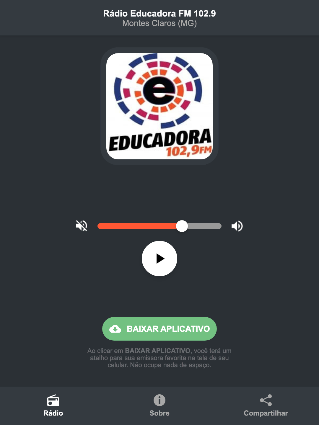Screenshot do aplicativo da Rádio Educadora FM 102.9