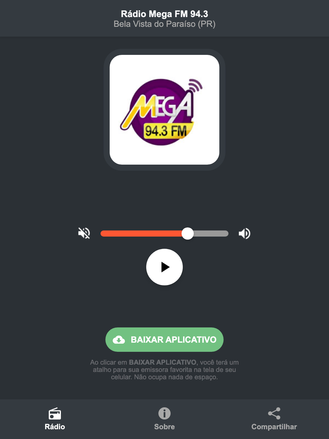 Screenshot do aplicativo da Rádio Mega FM 94.3