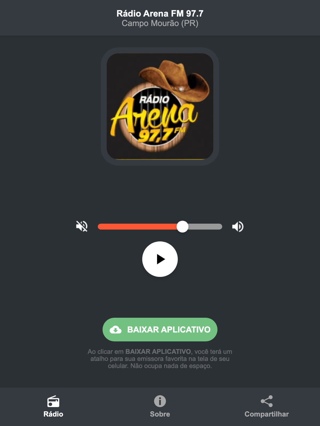 Screenshot do aplicativo da Rádio Arena FM 97.7