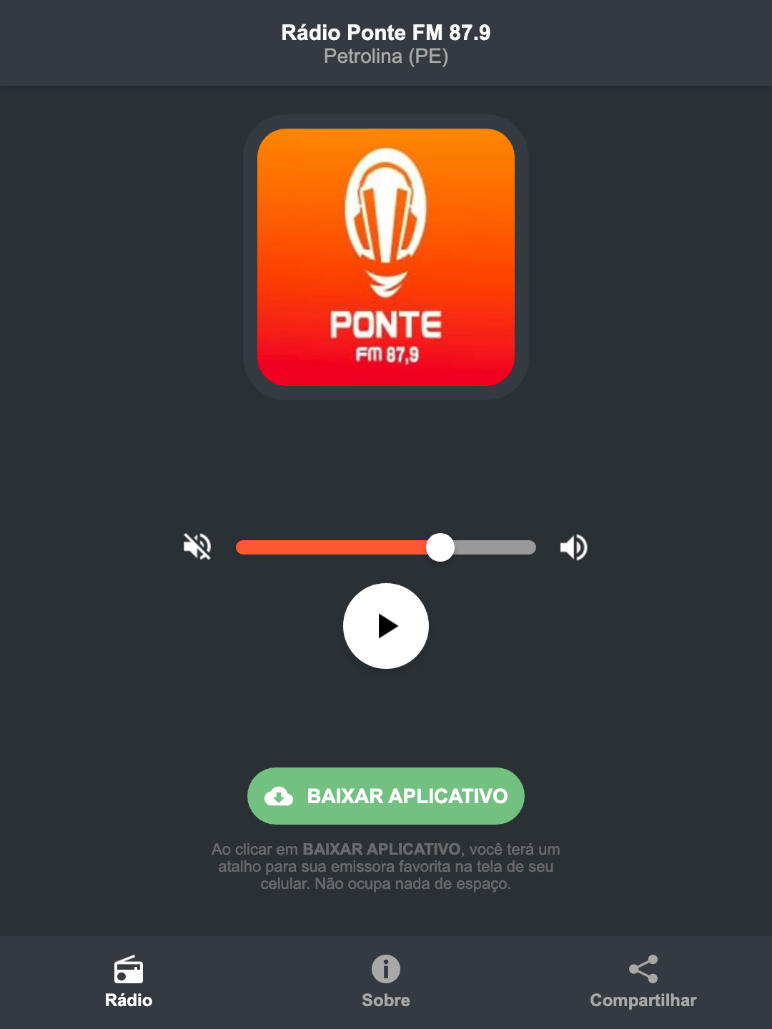 Screenshot do aplicativo da Rádio Ponte FM 87.9