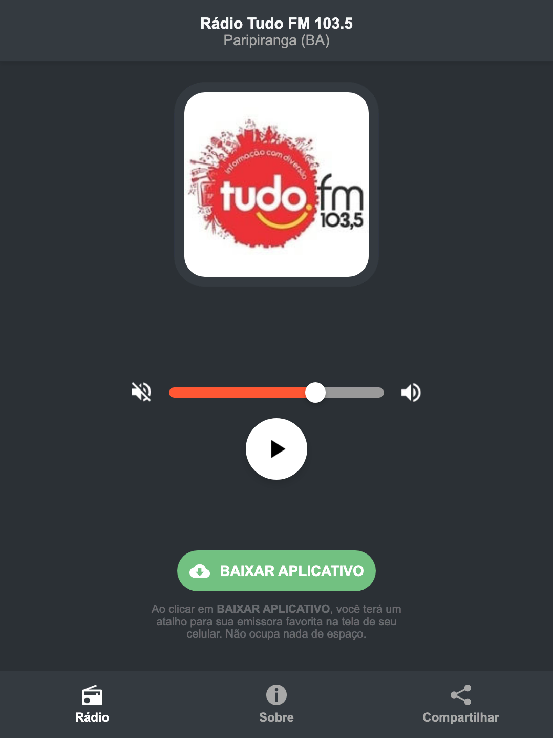 Screenshot do aplicativo da Rádio Tudo FM 103.5