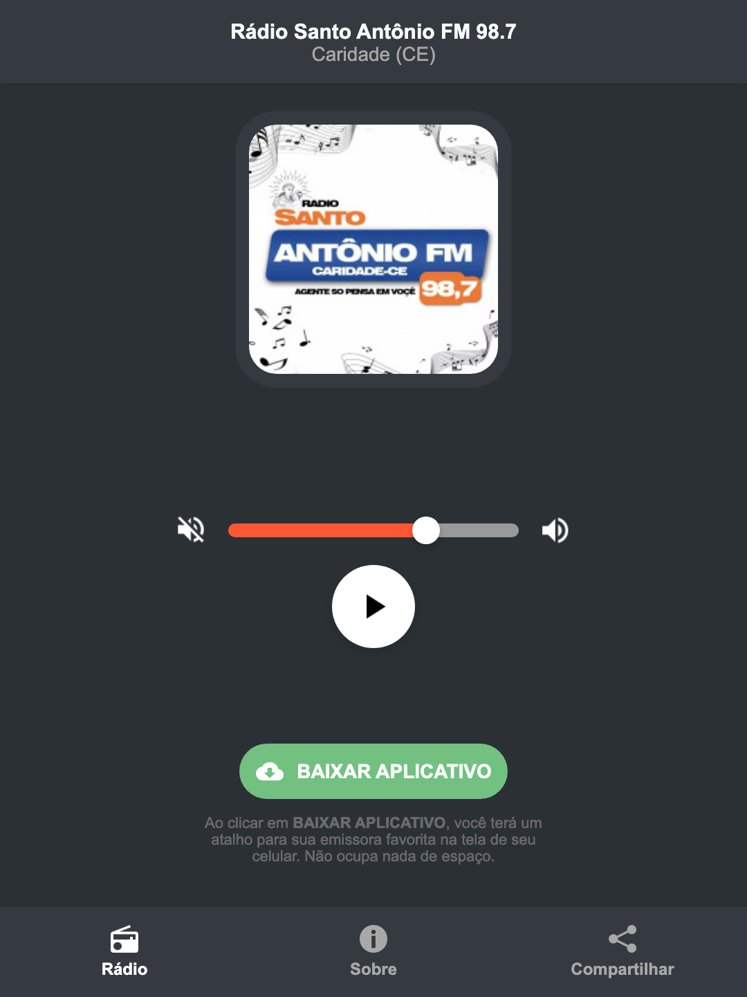 Screenshot do aplicativo da Rádio Santo Antônio FM 98.7