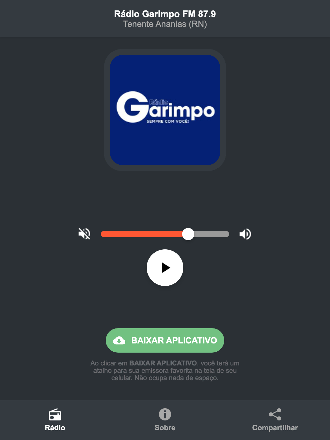 Screenshot do aplicativo da Rádio Garimpo FM 87.9