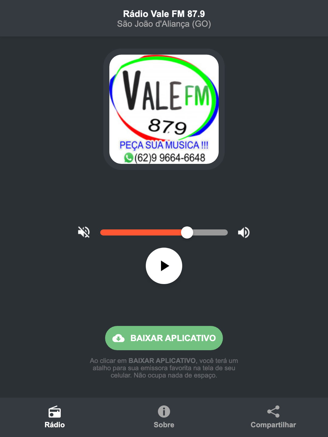 Screenshot do aplicativo da Rádio Vale FM 87.9