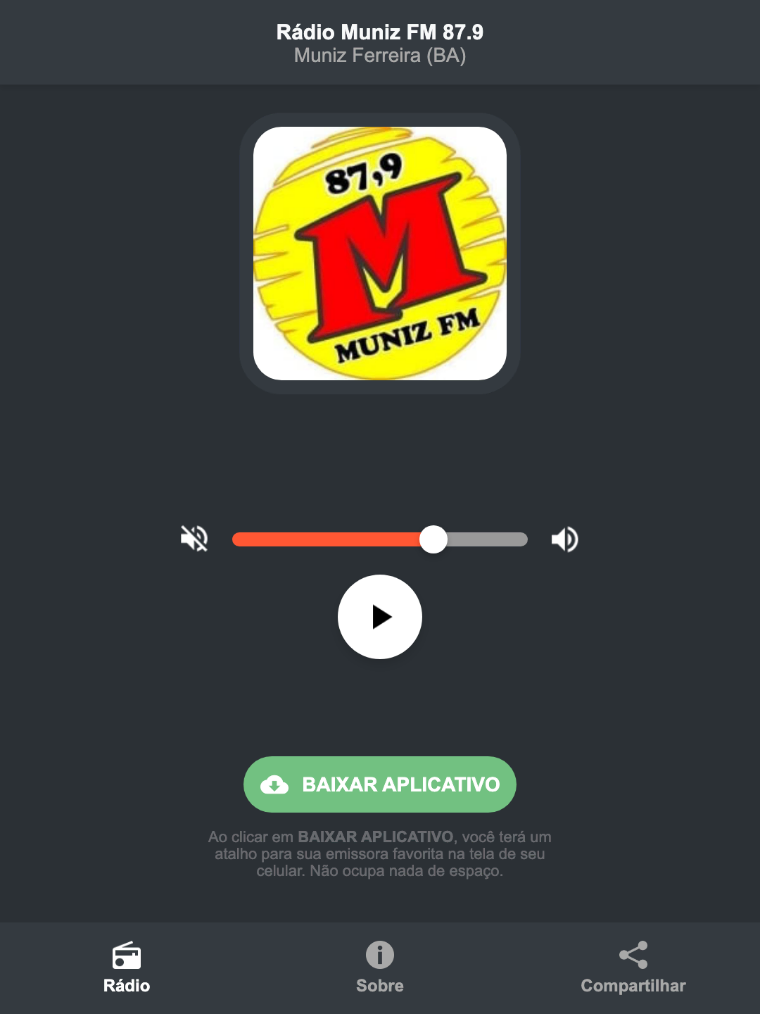 Screenshot do aplicativo da Rádio Muniz FM 87.9