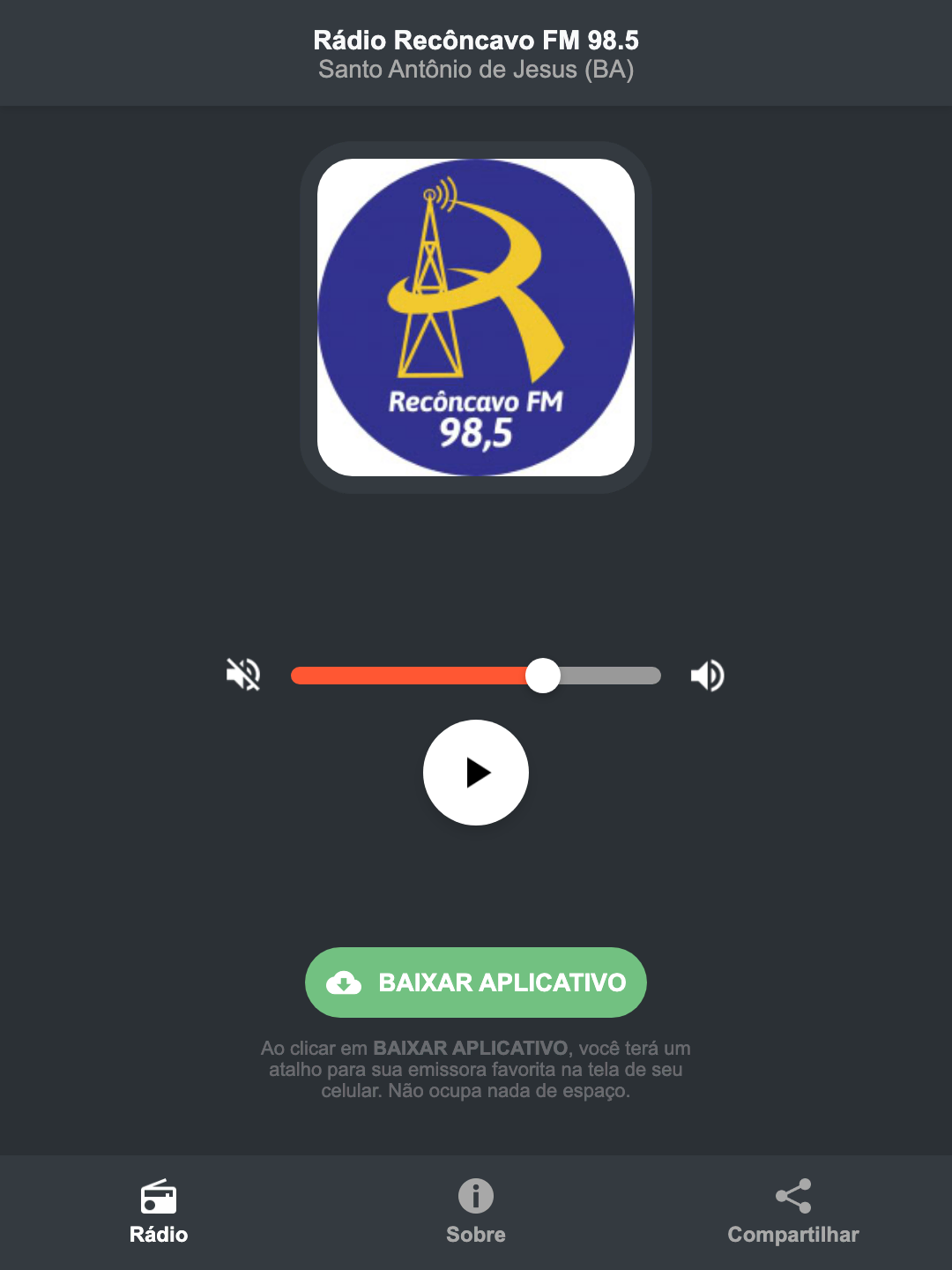 Screenshot do aplicativo da Rádio Recôncavo FM 98.5