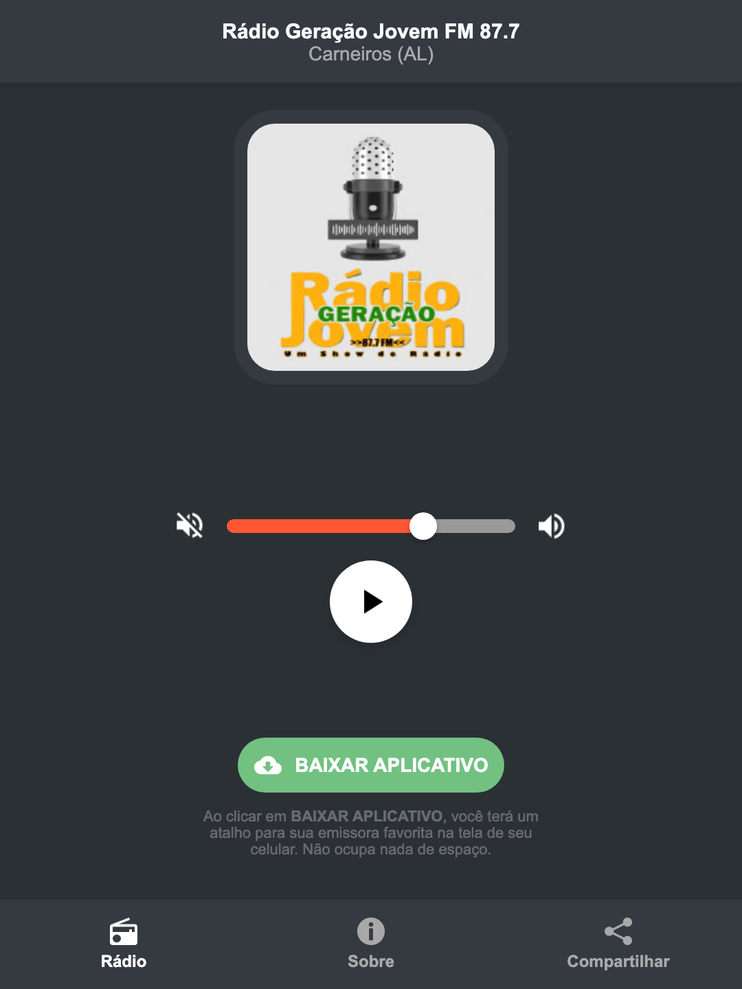 Screenshot do aplicativo da Rádio Geração Jovem FM 87.7