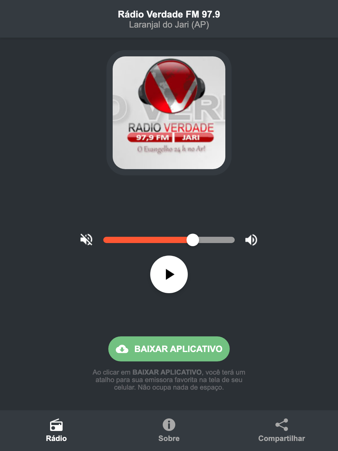 Screenshot do aplicativo da Rádio Verdade FM 97.9