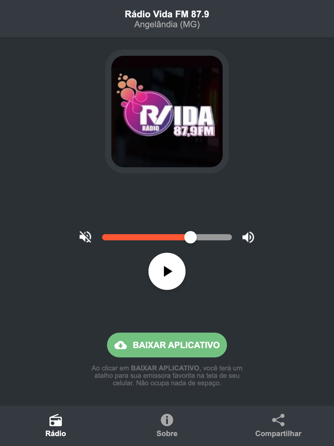 Screenshot do aplicativo da Rádio Vida FM 87.9