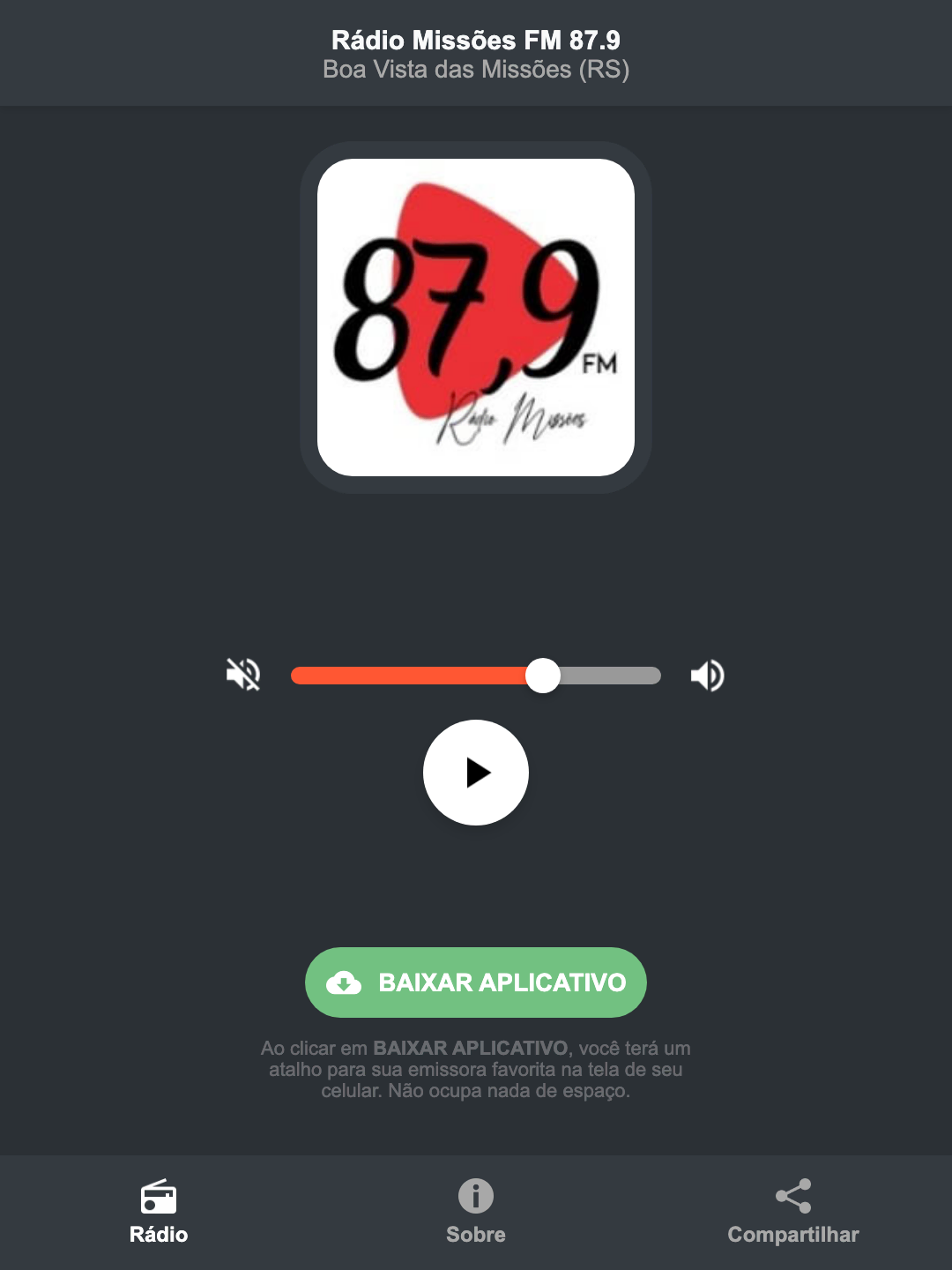 Screenshot do aplicativo da Rádio Missões FM 87.9