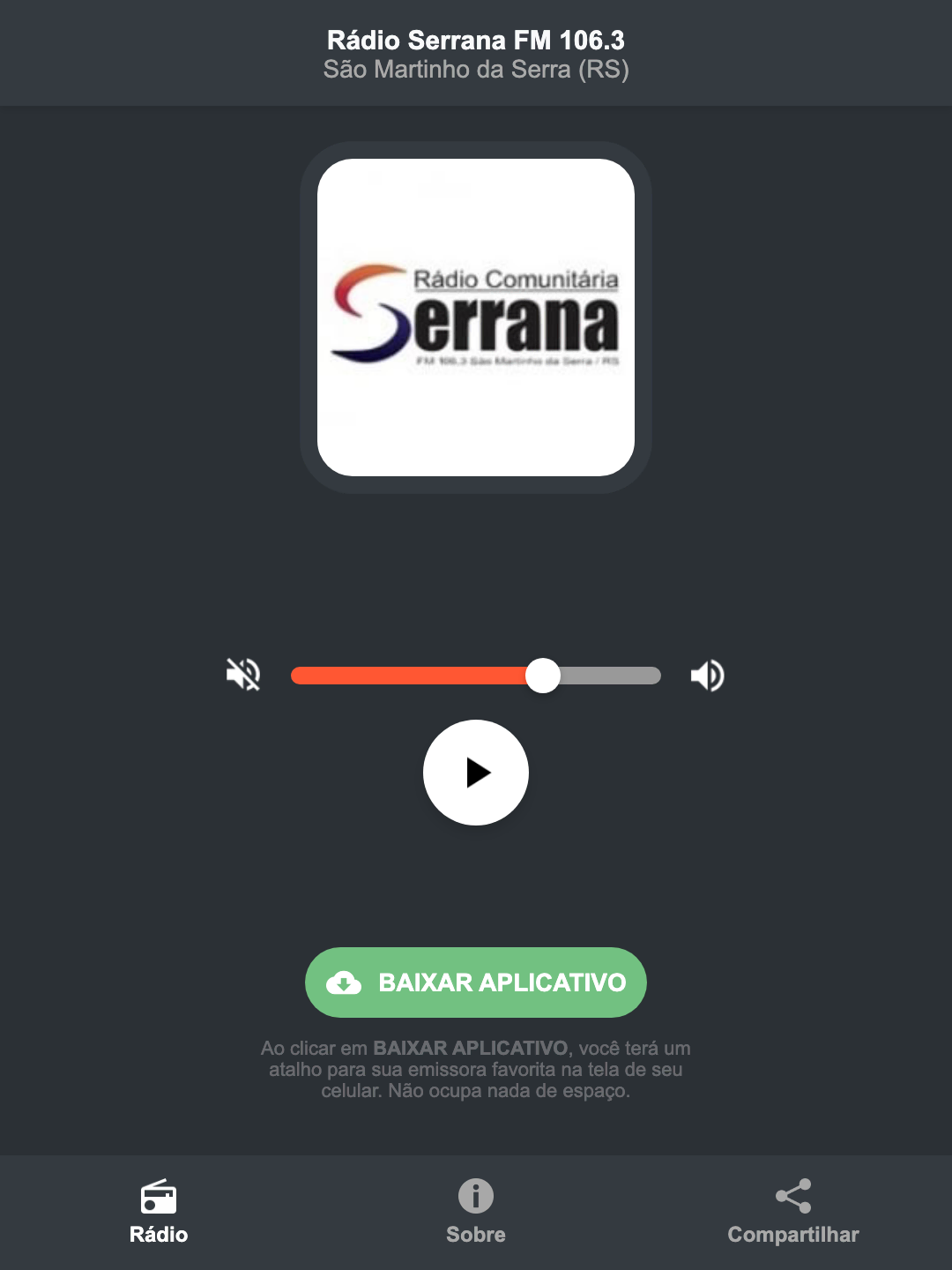 Screenshot do aplicativo da Rádio Serrana FM 106.3