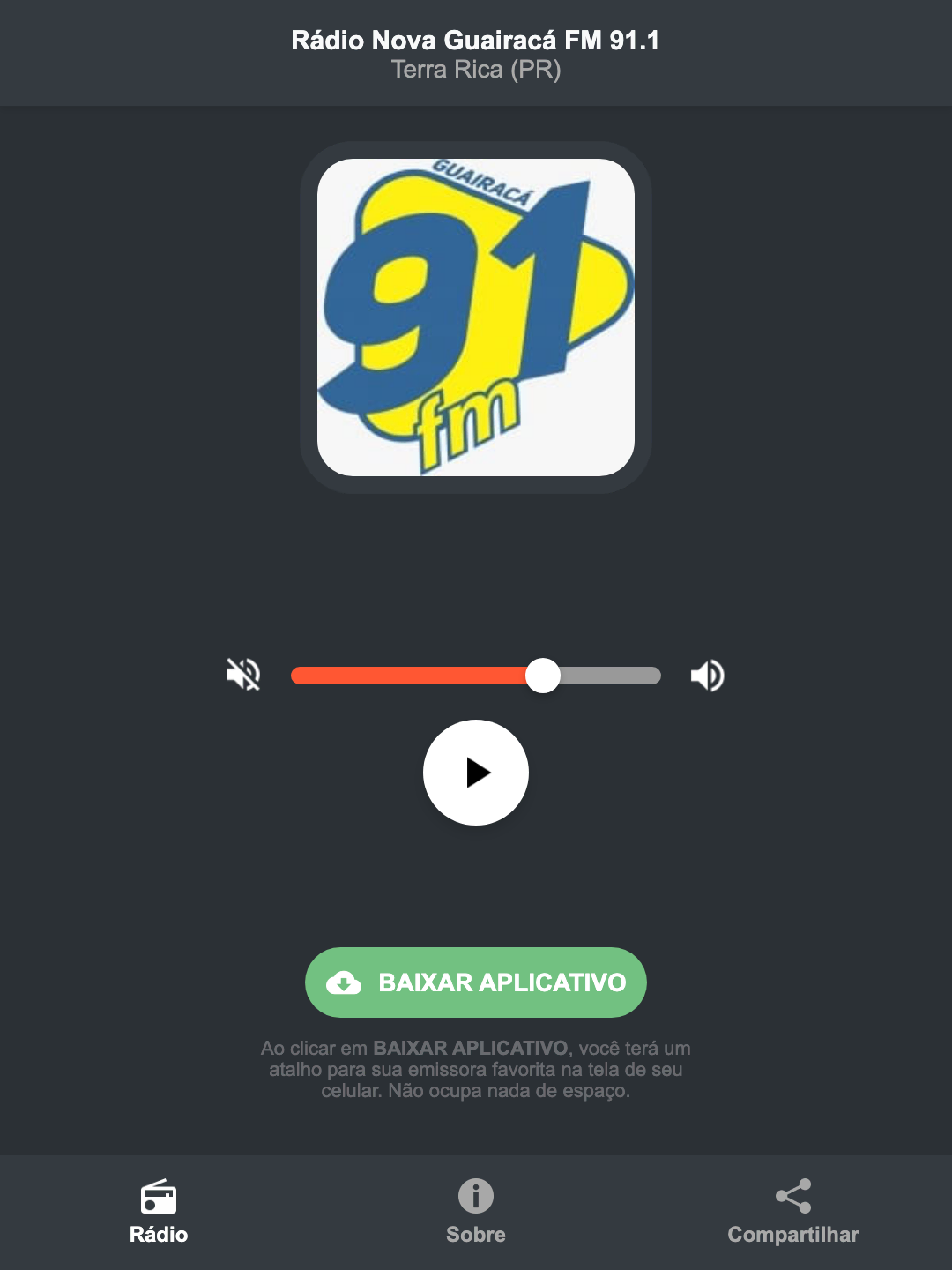 Screenshot do aplicativo da Rádio Nova Guairacá FM 91.1