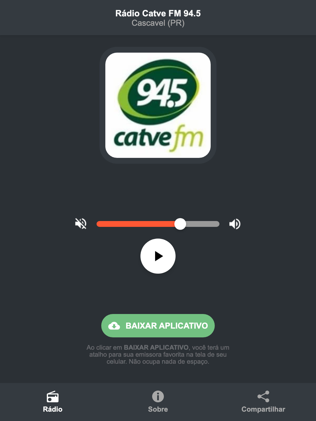 Screenshot do aplicativo da Rádio Catve FM 94.5