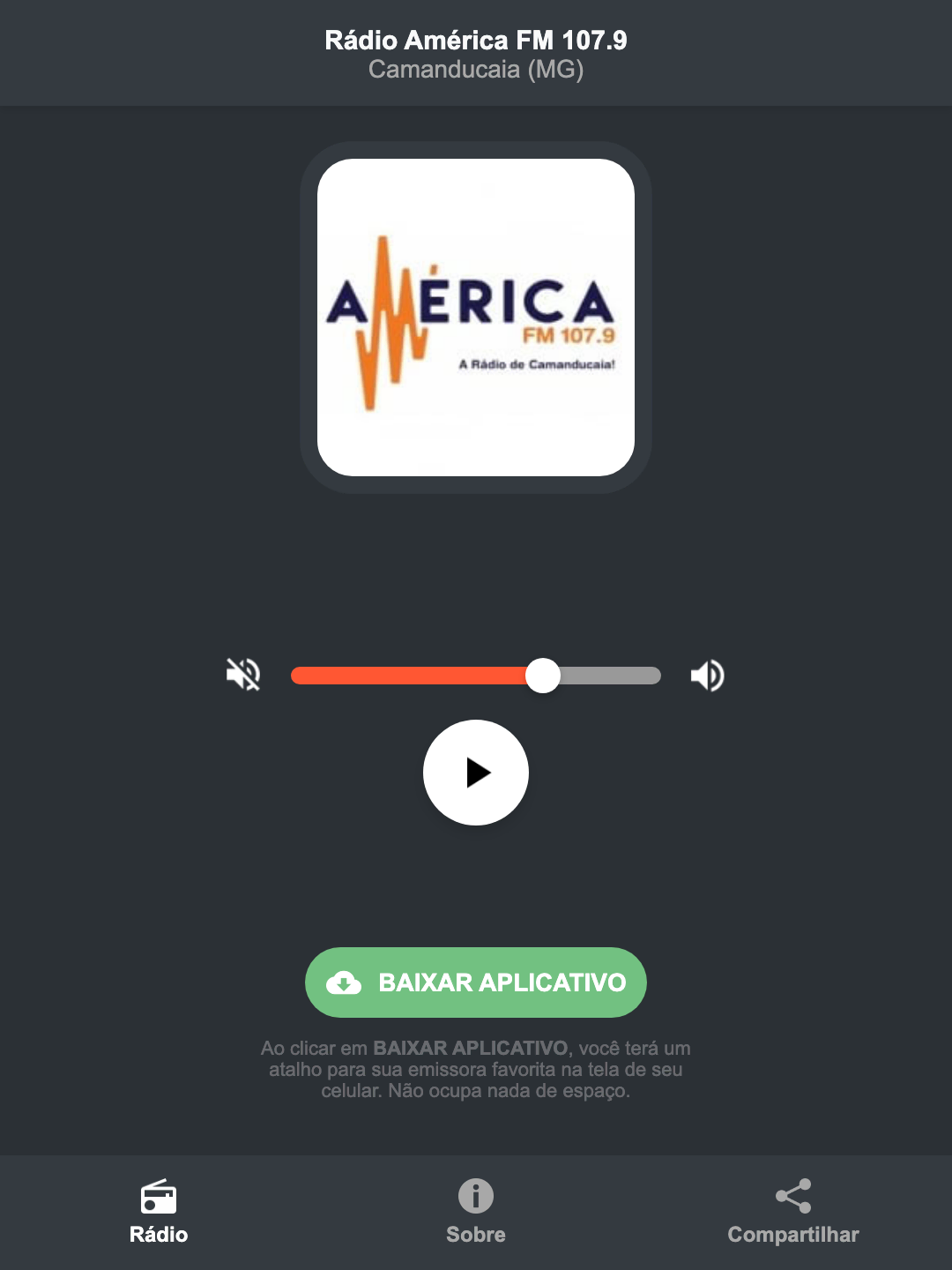 Screenshot do aplicativo da Rádio América FM 107.9