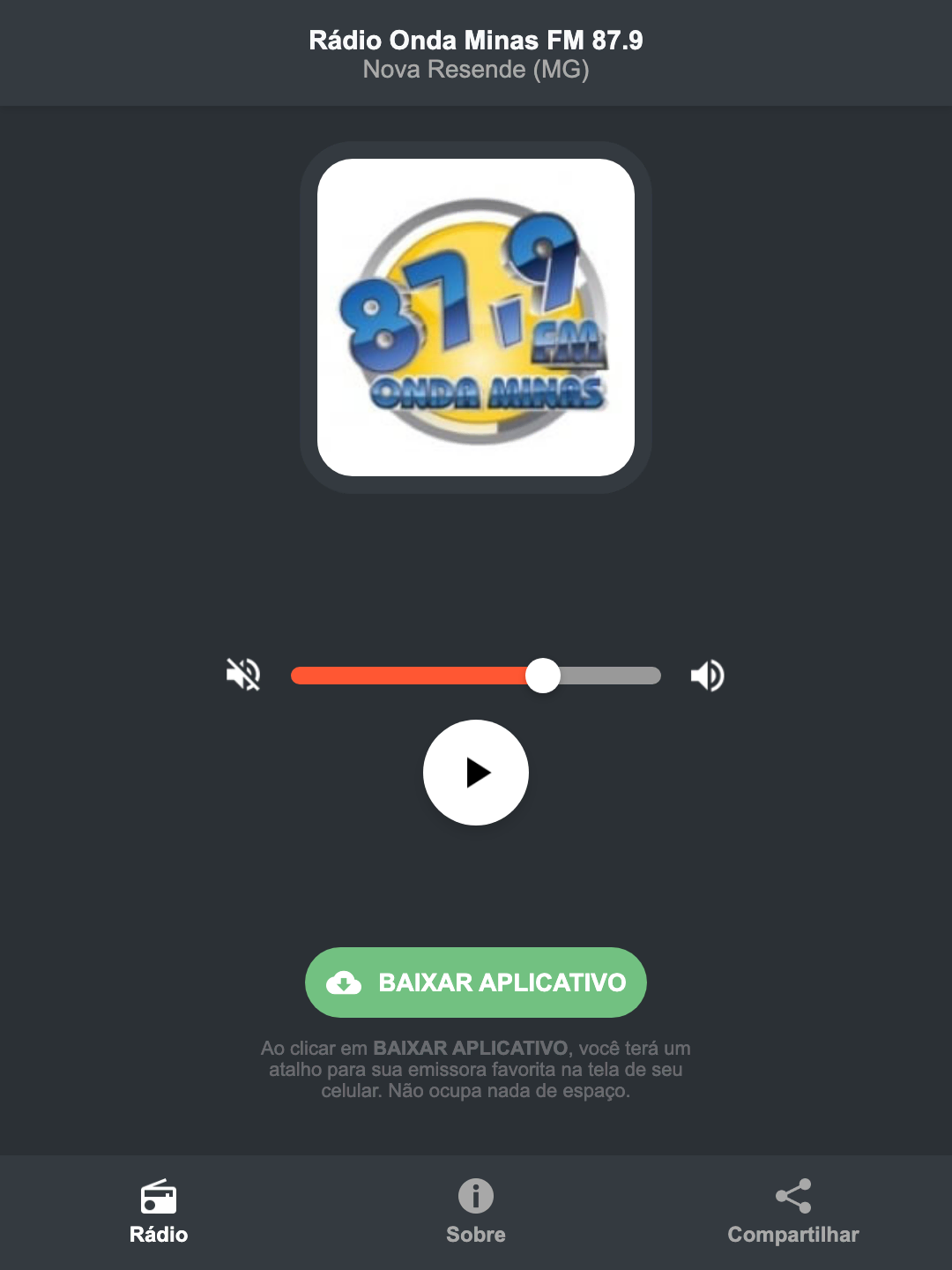 Screenshot do aplicativo da Rádio Onda Minas FM 87.9