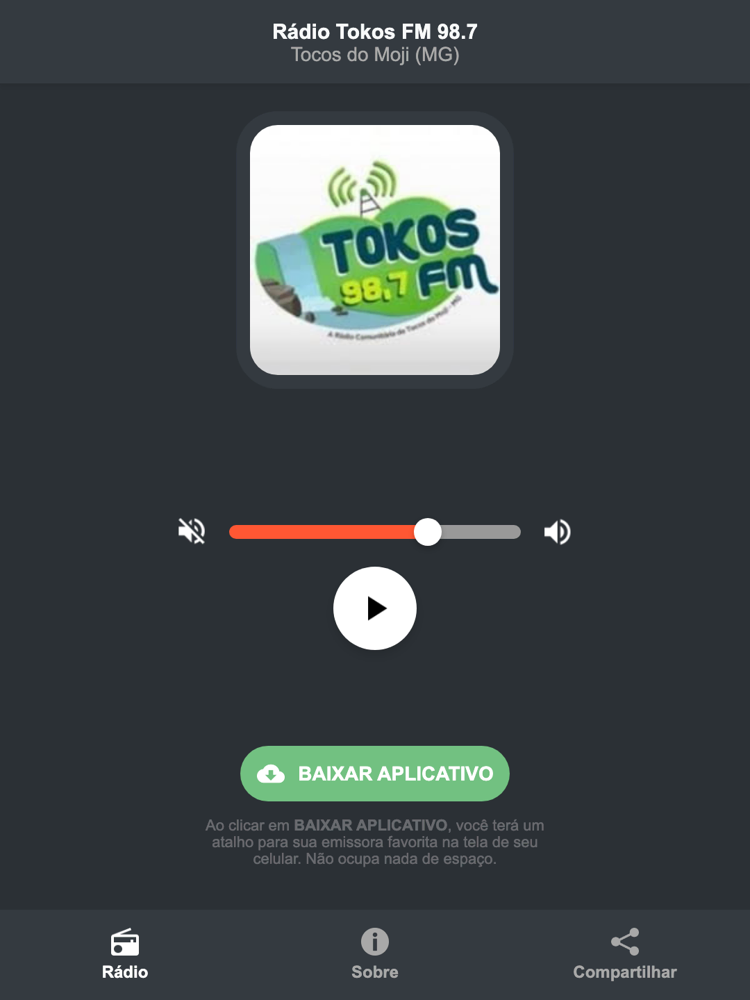 Screenshot do aplicativo da Rádio Tokos FM 98.7