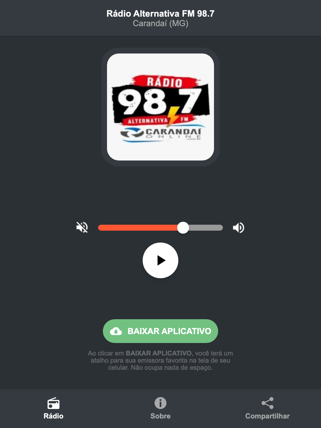 Screenshot do aplicativo da Rádio Alternativa FM 98.7
