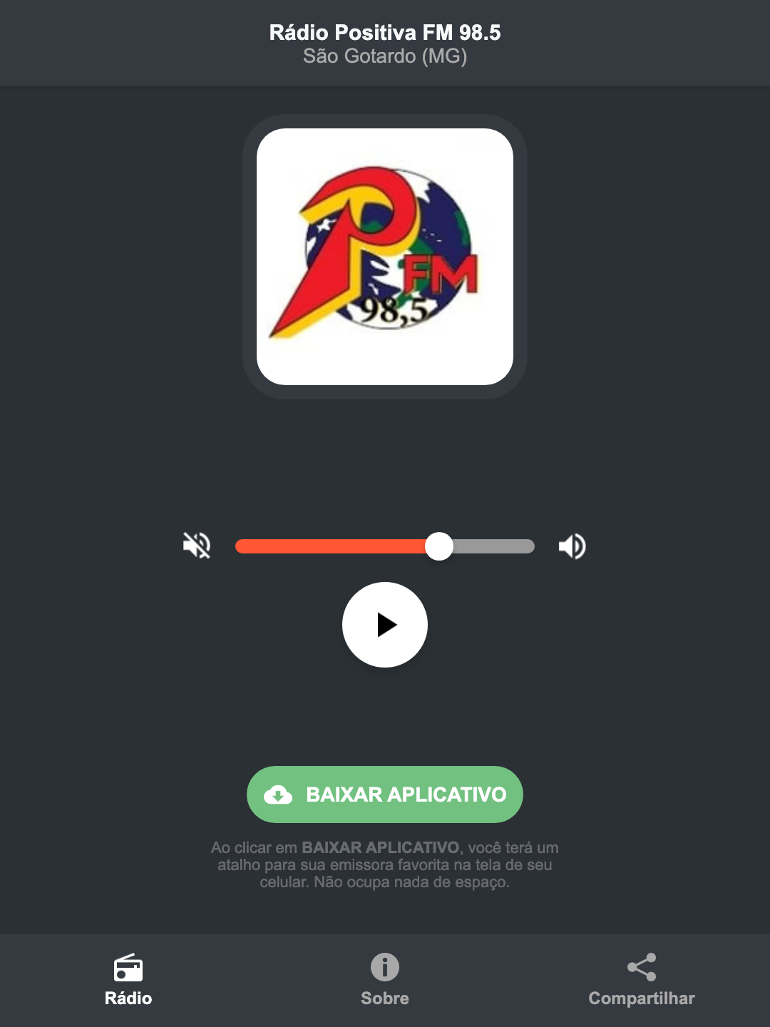 Screenshot do aplicativo da Rádio Positiva FM 98.5