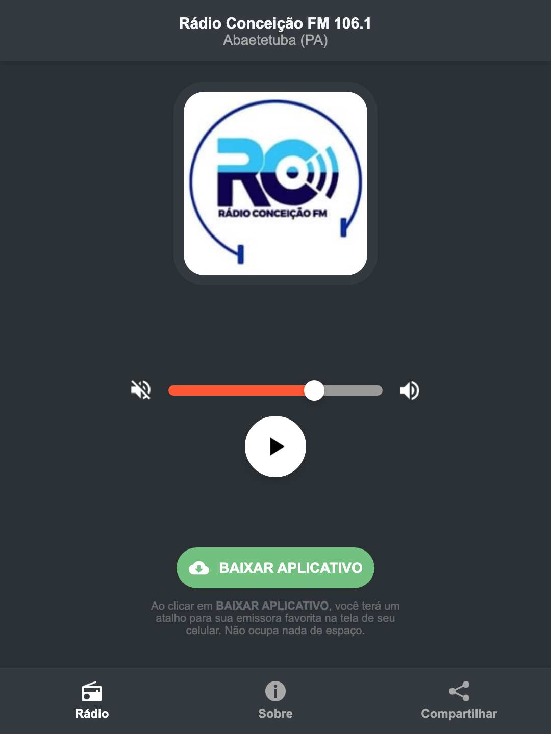 Screenshot do aplicativo da Rádio Conceição FM 106.1