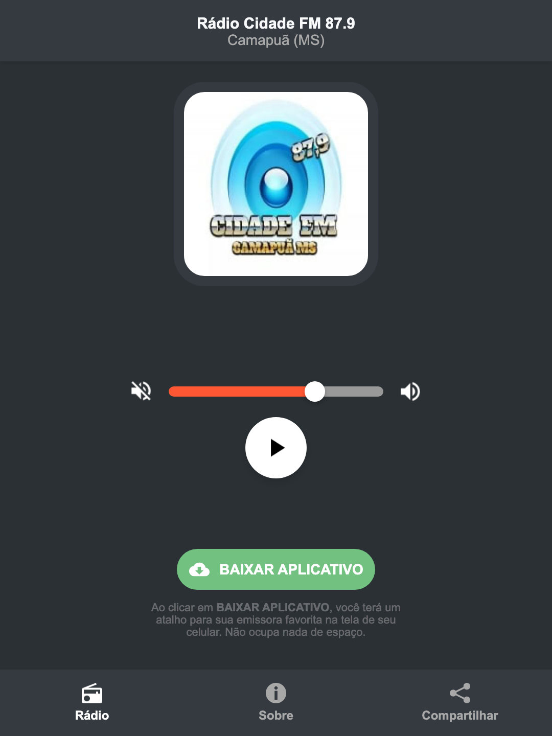 Screenshot do aplicativo da Rádio Cidade FM 87.9