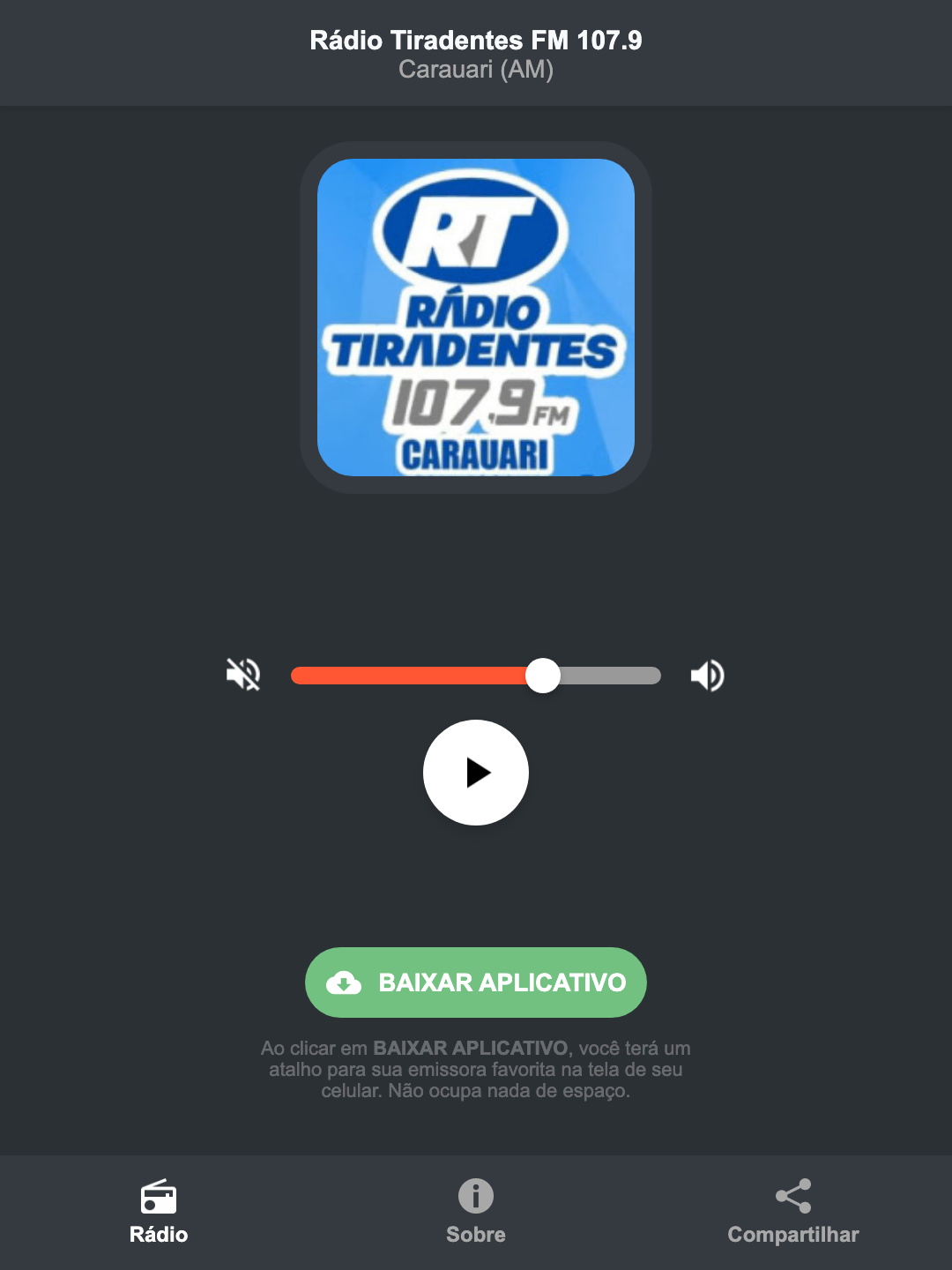 Screenshot do aplicativo da Rádio Tiradentes FM 107.9