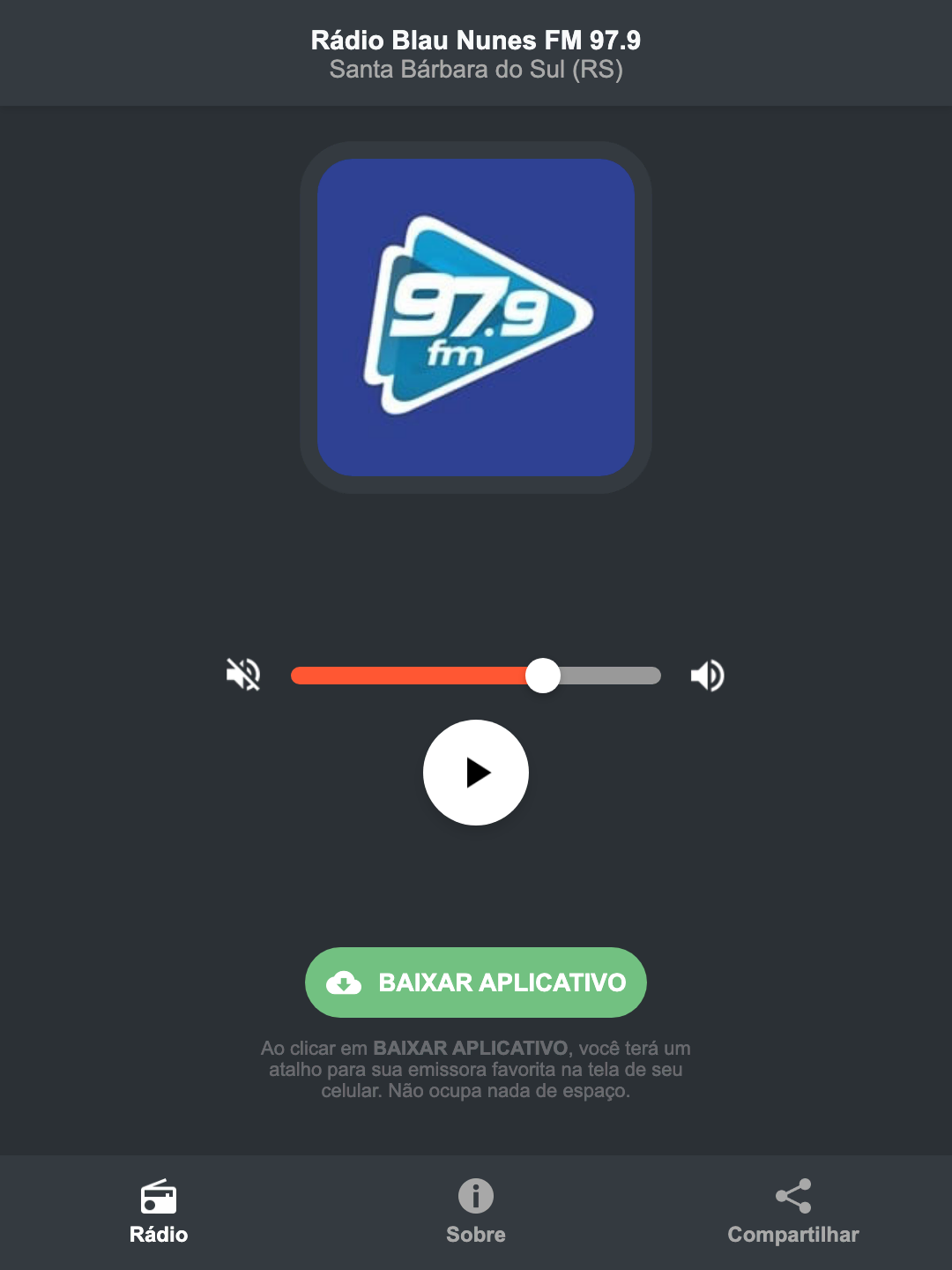 Screenshot do aplicativo da Rádio Blau Nunes FM 97.9