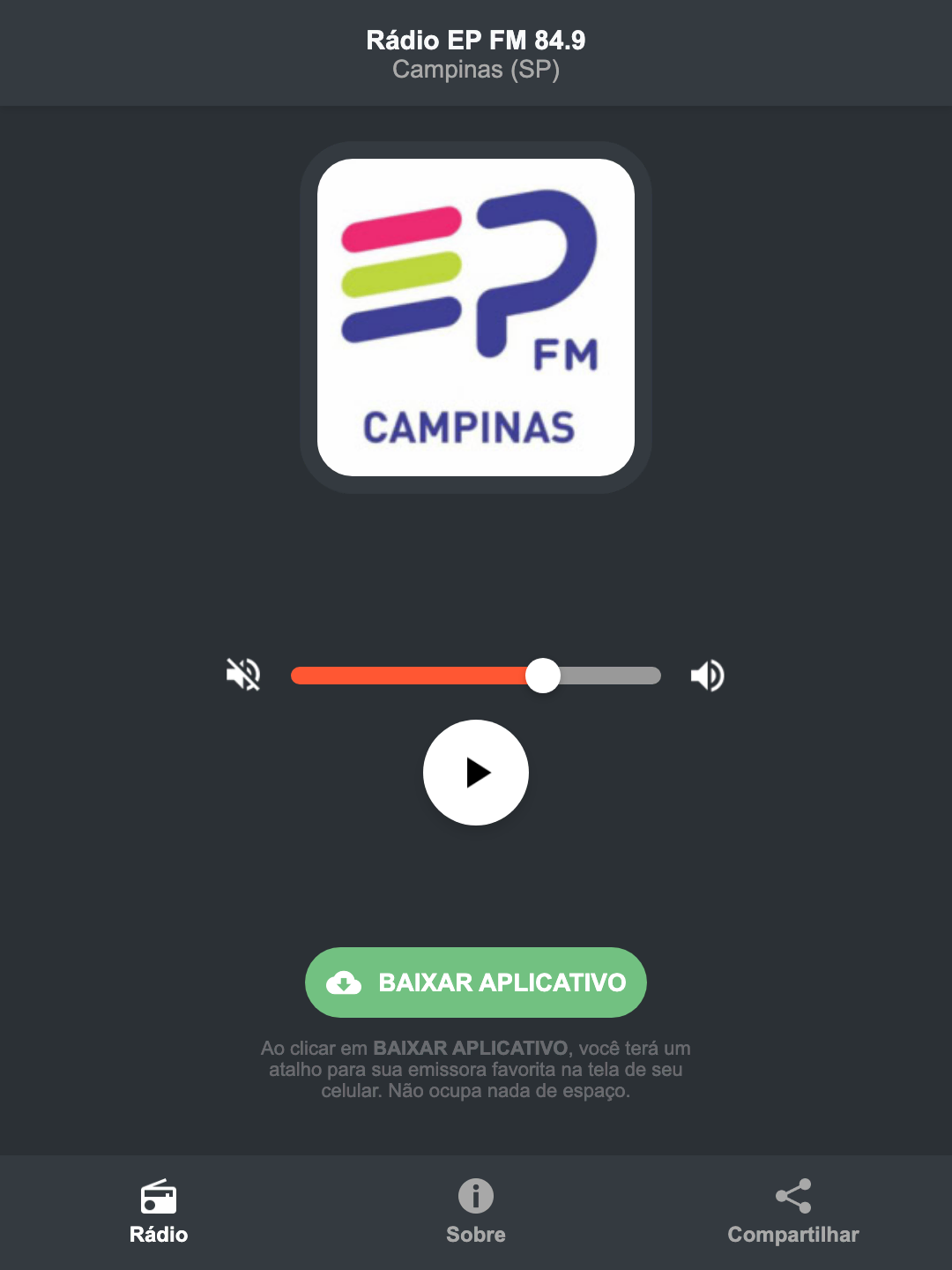 Screenshot do aplicativo da Rádio EP FM 84.9