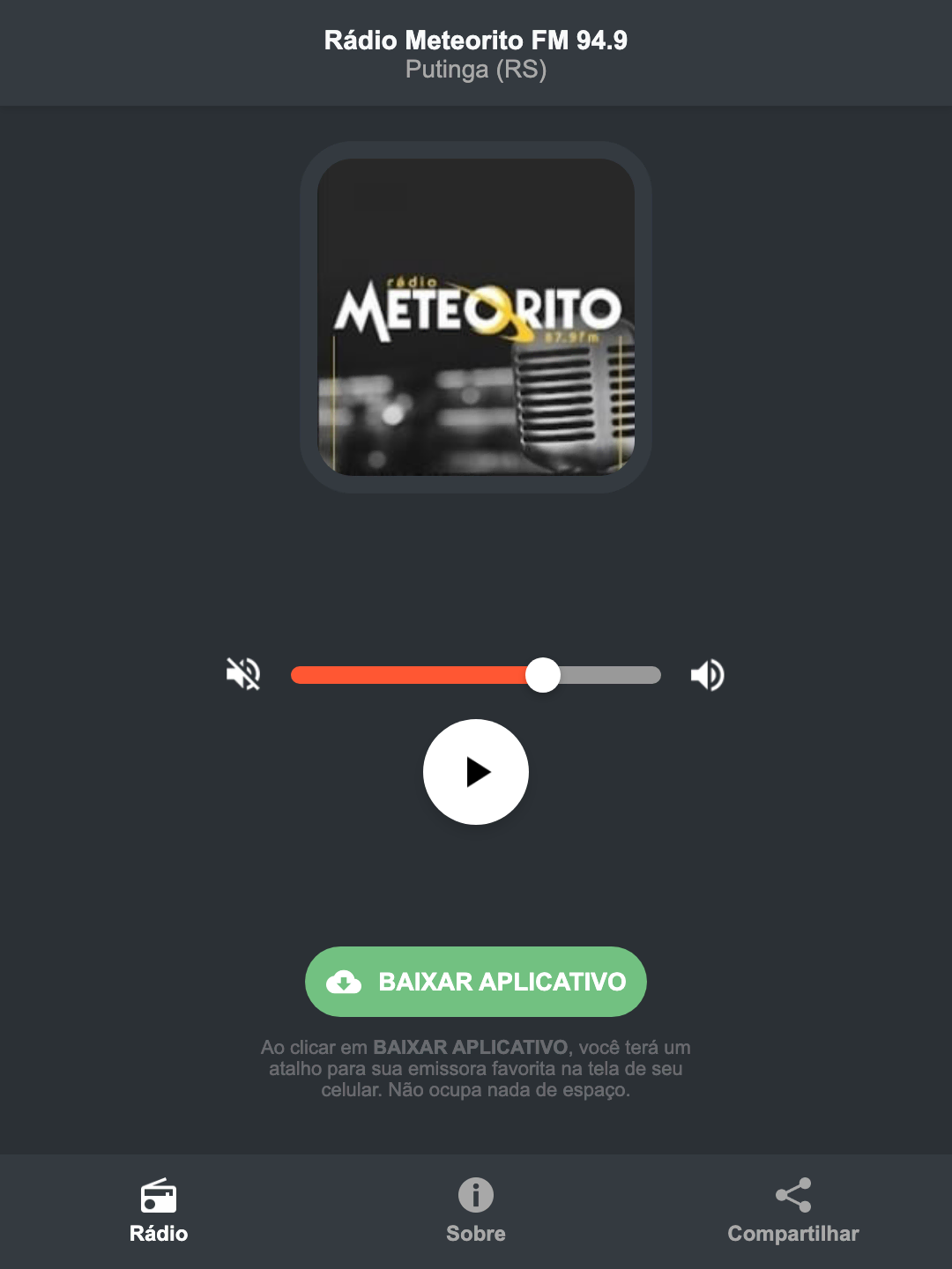 Screenshot do aplicativo da Rádio Meteorito FM 94.9