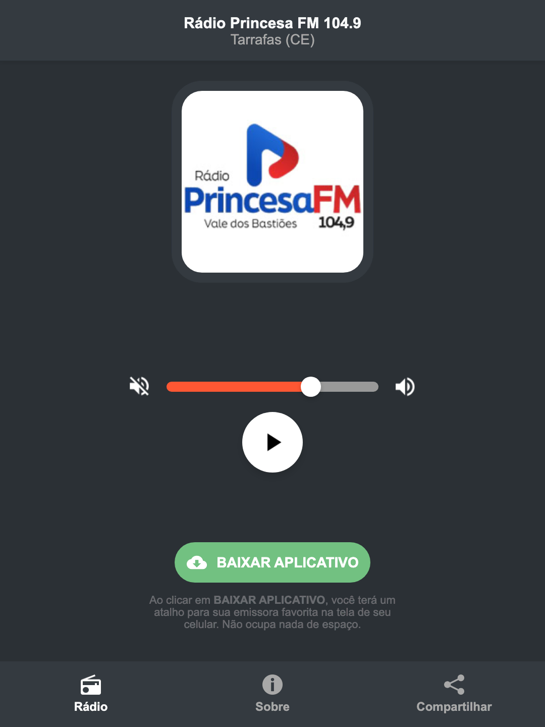 Screenshot do aplicativo da Rádio Princesa FM 104.9