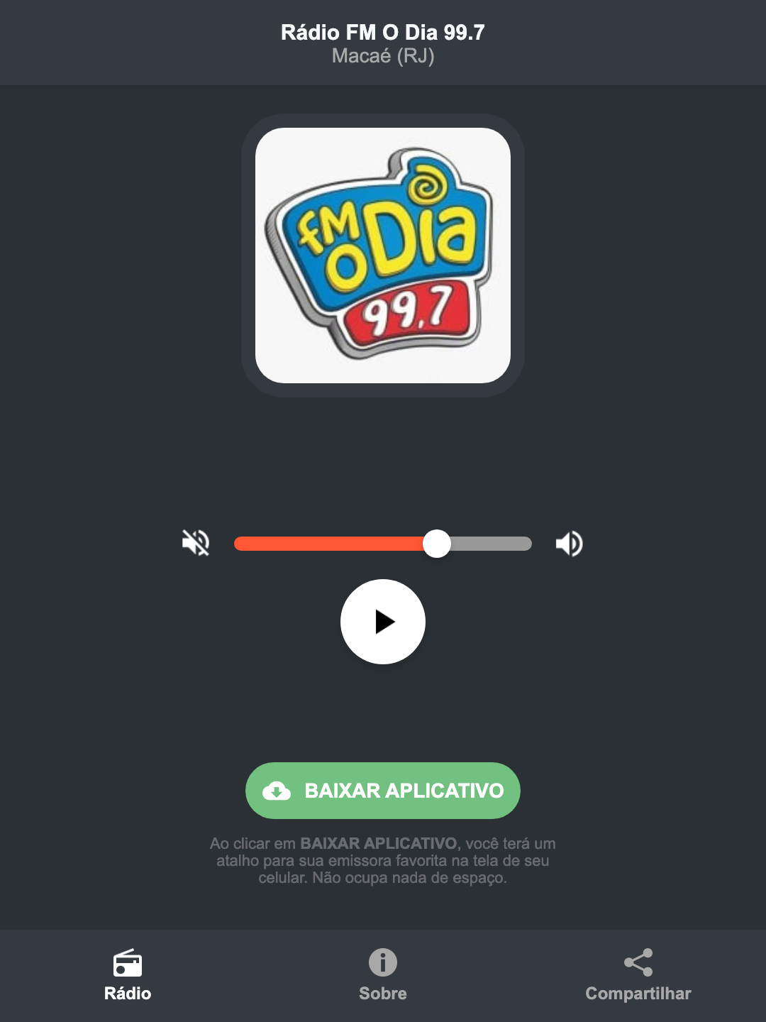 Screenshot do aplicativo da Rádio FM O Dia 99.7
