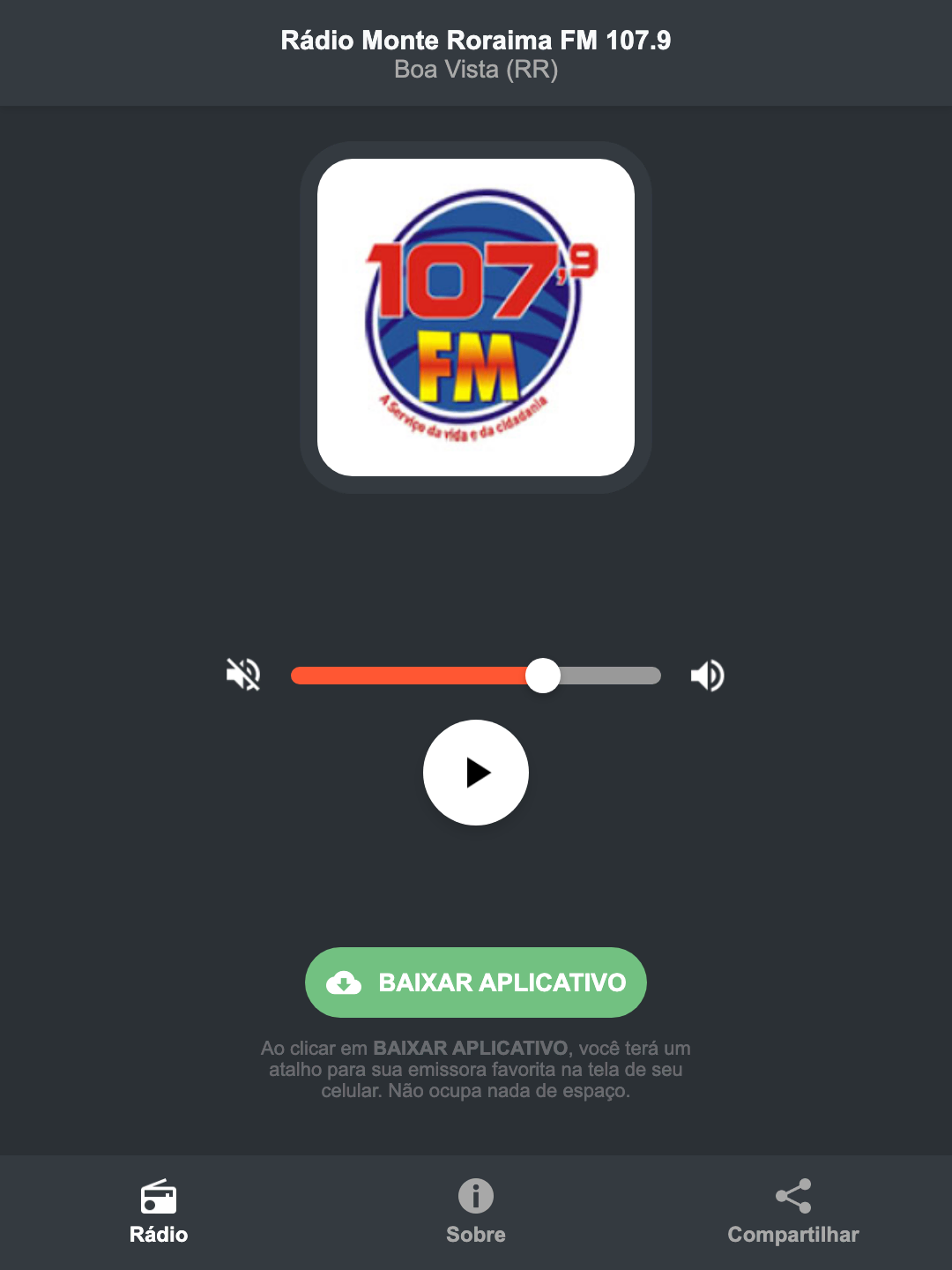 Screenshot do aplicativo da Rádio Monte Roraima FM 107.9