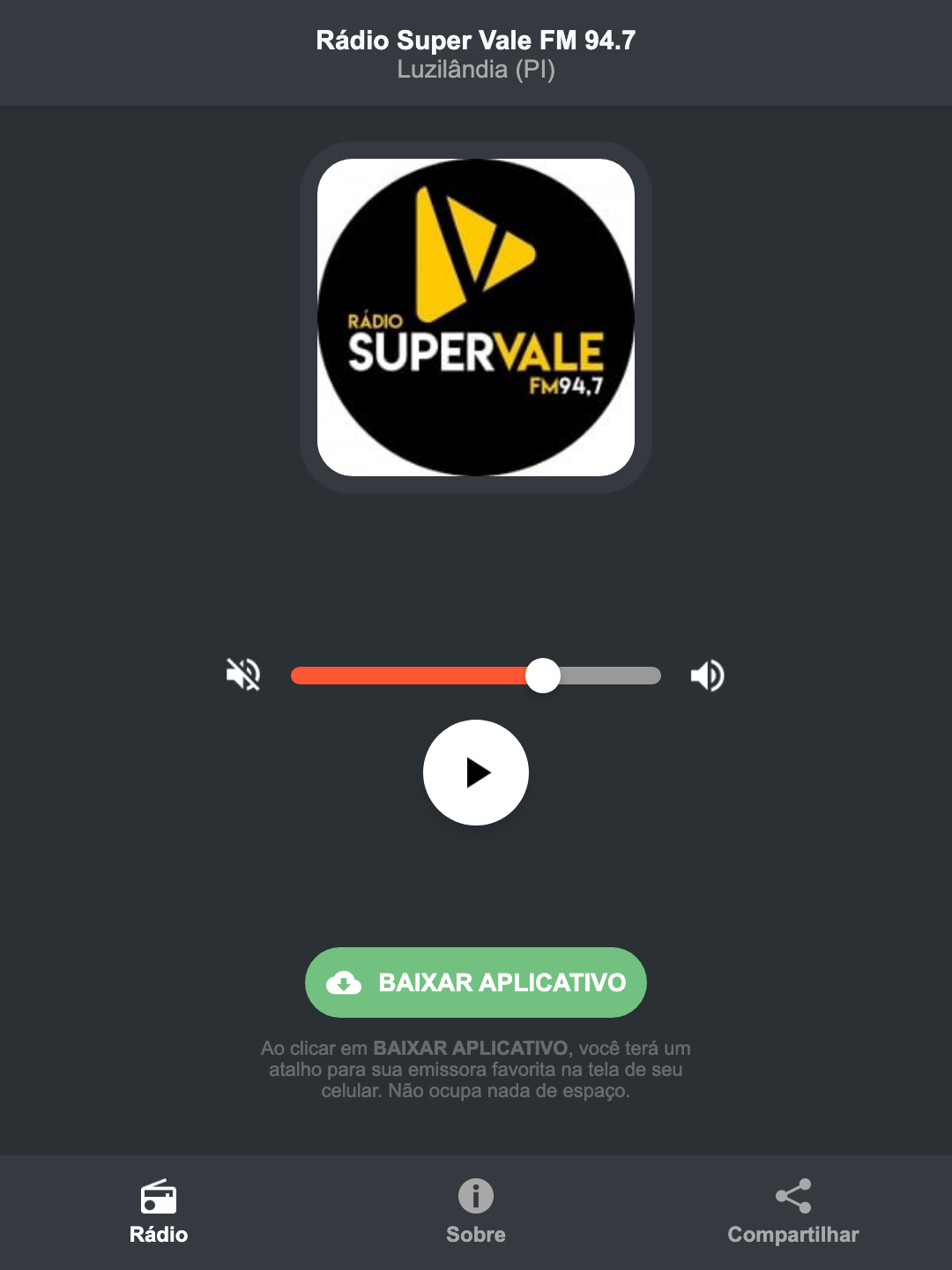Screenshot do aplicativo da Rádio Super Vale FM 94.7