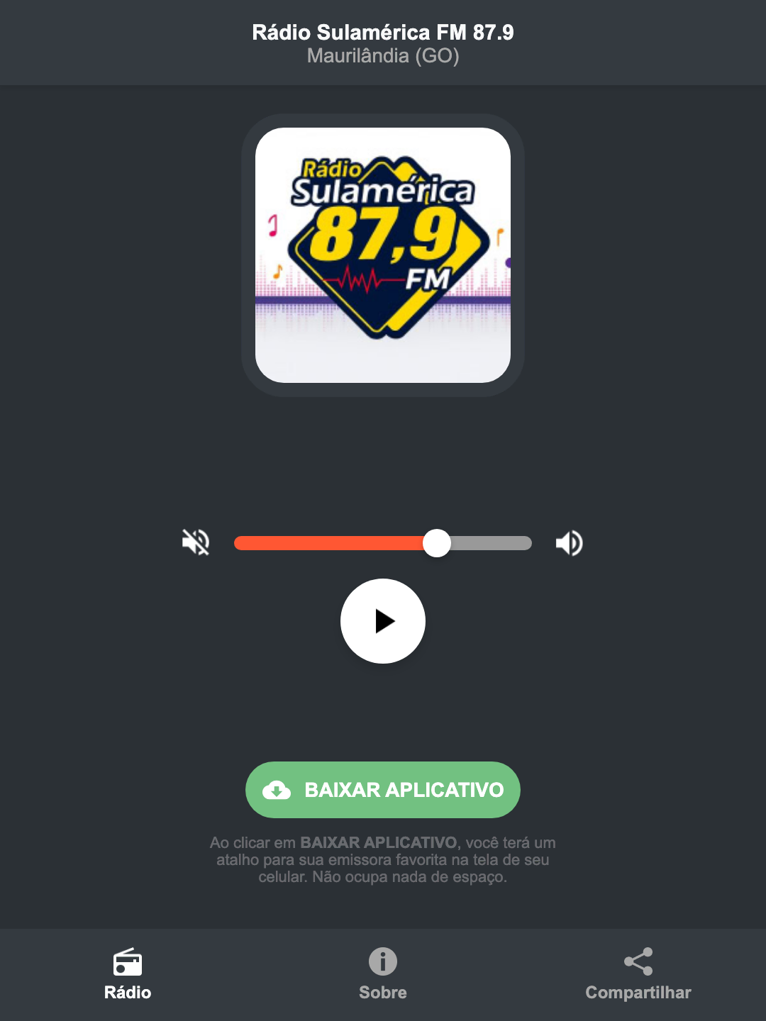 Screenshot do aplicativo da Rádio Sulamérica FM 87.9
