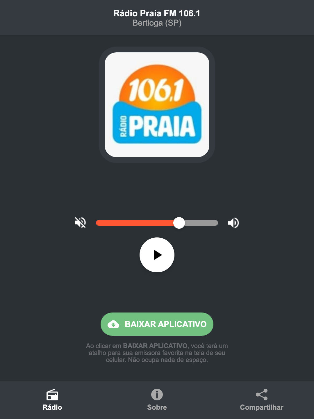 Screenshot do aplicativo da Rádio Praia FM 106.1