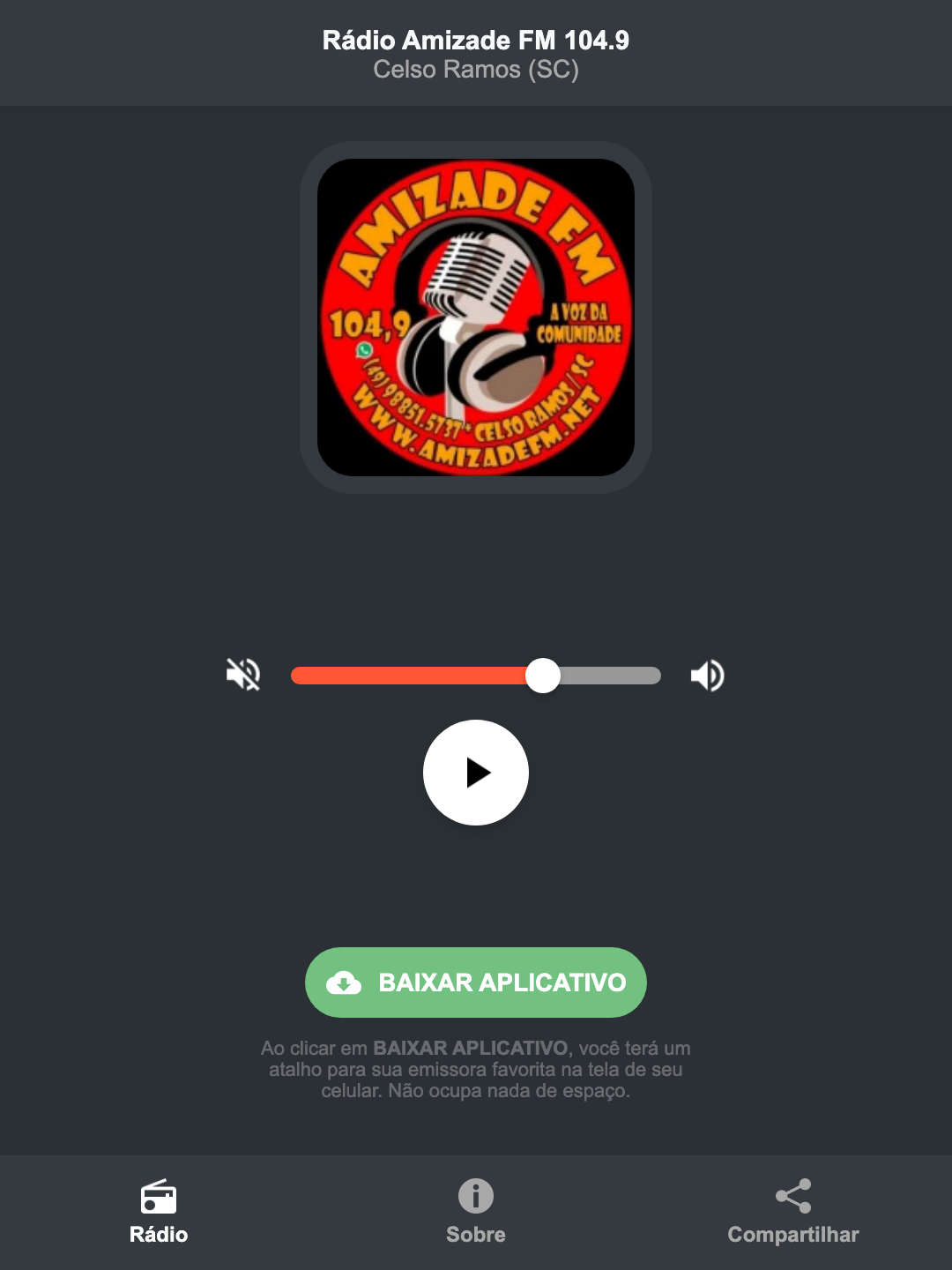 Screenshot do aplicativo da Rádio Amizade FM 104.9